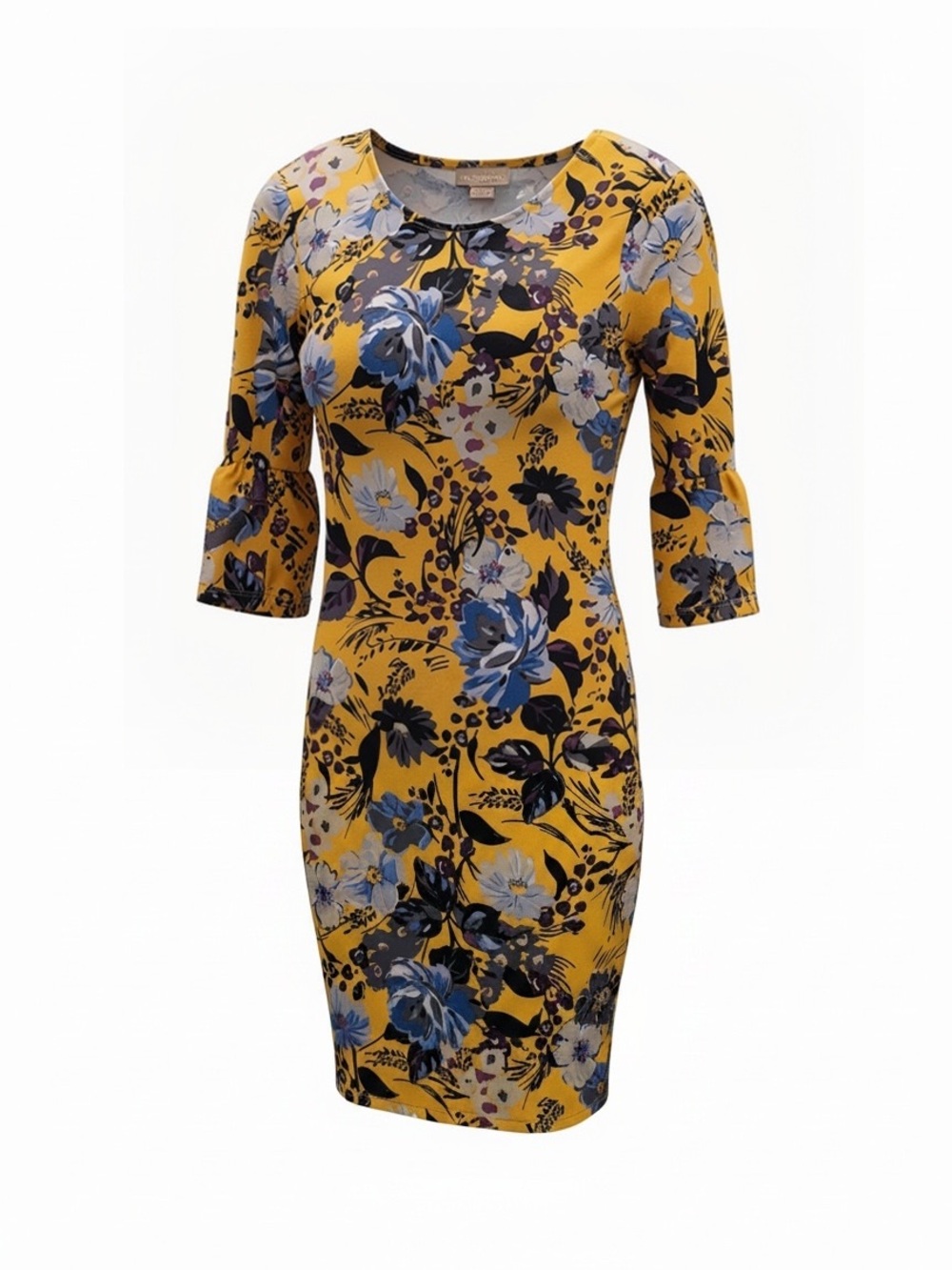 Floral Mustard Midi Dress with Blue Bloom Print